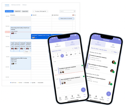 The Appointments module: the master room-and-participant calendar in the workspace beside the mobile meeting list a rep sees on site.