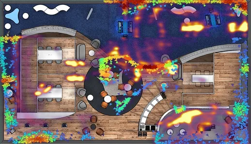A booth floor plan rendered as a dwell heat map: colored intensity shows where visitors concentrated attention across zones.