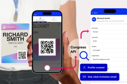 A rep scans an HCP's congress badge on their phone; the badge code resolves against the congress API and a structured profile opens with name, position, and organization.