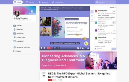 A branded live medical summit broadcast: two speakers beside the session slide, live captions, clapping reactions, and a moderated Q&A panel with upvoted HCP questions.