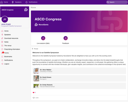 A branded satellite symposium microapp on the web: session title, live Q&A and feedback tiles, and a pinned welcome with the faculty listed.