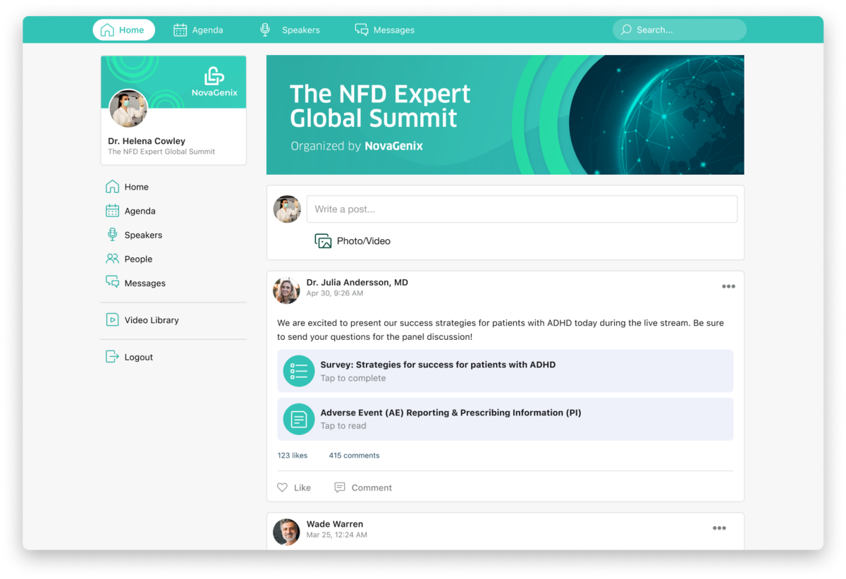 A branded event hub: the HCP's profile beside the session feed, agenda, speakers, and video library of an expert summit.