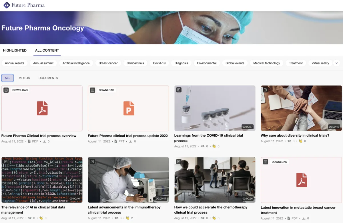 The on-demand library of a branded content hub: video replays and documents in a card grid, filtered by topic tags.