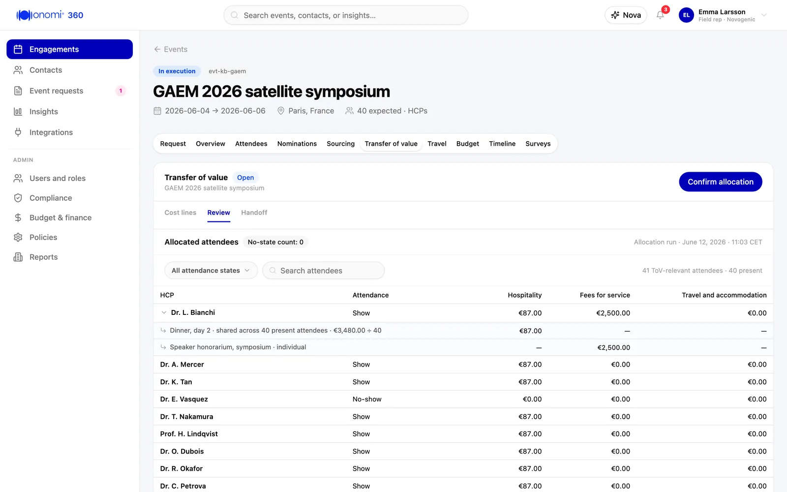 Onomi 360 transfer-of-value review: per-HCP allocation rows, with a shared dinner line split across attendees recorded present.